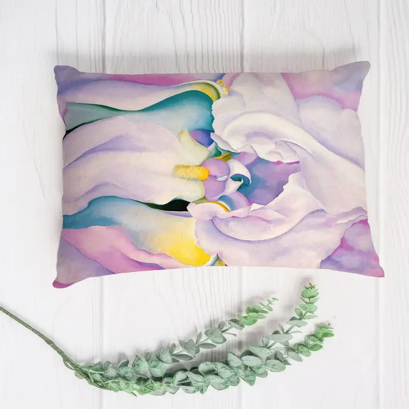 Abstraktes Kissen mit surrealem Druck in Rosa und Lila – Licht der Iris