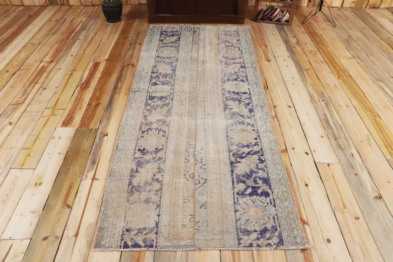 Türk 3.2x7.9 ft Halı, Vintage Alan Halısı, Mavi Kamuflaj Halısı - 1
