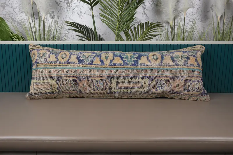 Blaues und oranges Patchwork-Wurfkissen, handgefertigtes besticktes Kissen