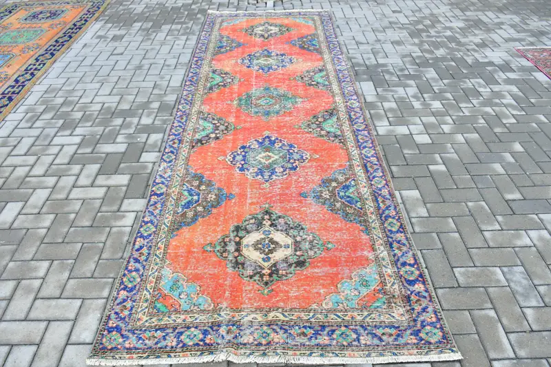 4,2x12,3 ft Oushak Teppich, türkischer Vintage Teppich, rot blauer Orientteppich - 1