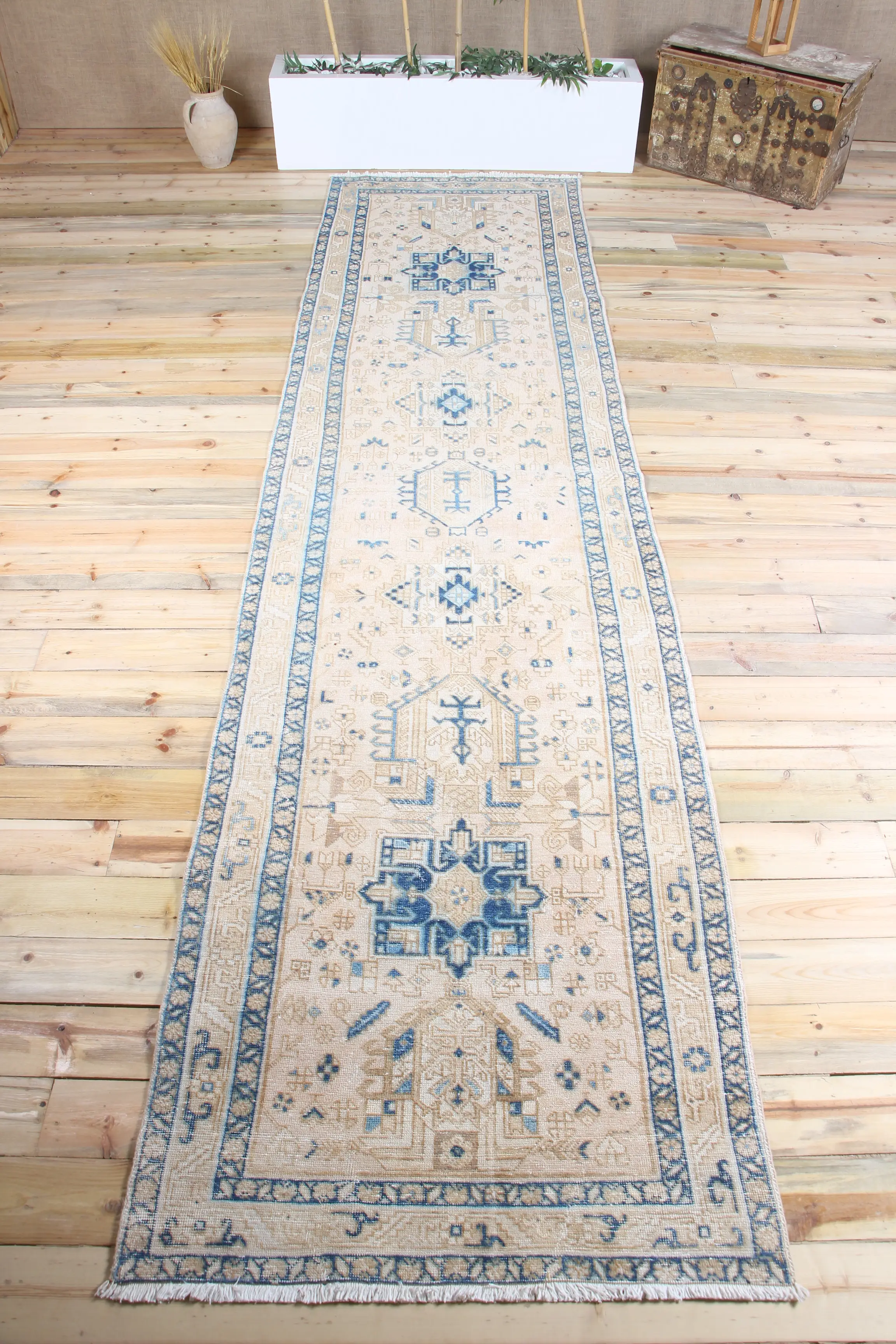 Vintage Turkish Rug 3.6x14.1 ft (111x431 cm), Oushak Beige Blue Geometric Rug - 1