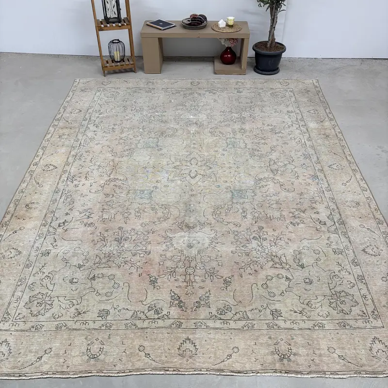 Alfombra turca de 9,4x12 pies, alfombra vintage de gran tamaño, alfombra patchwork beige - 1
