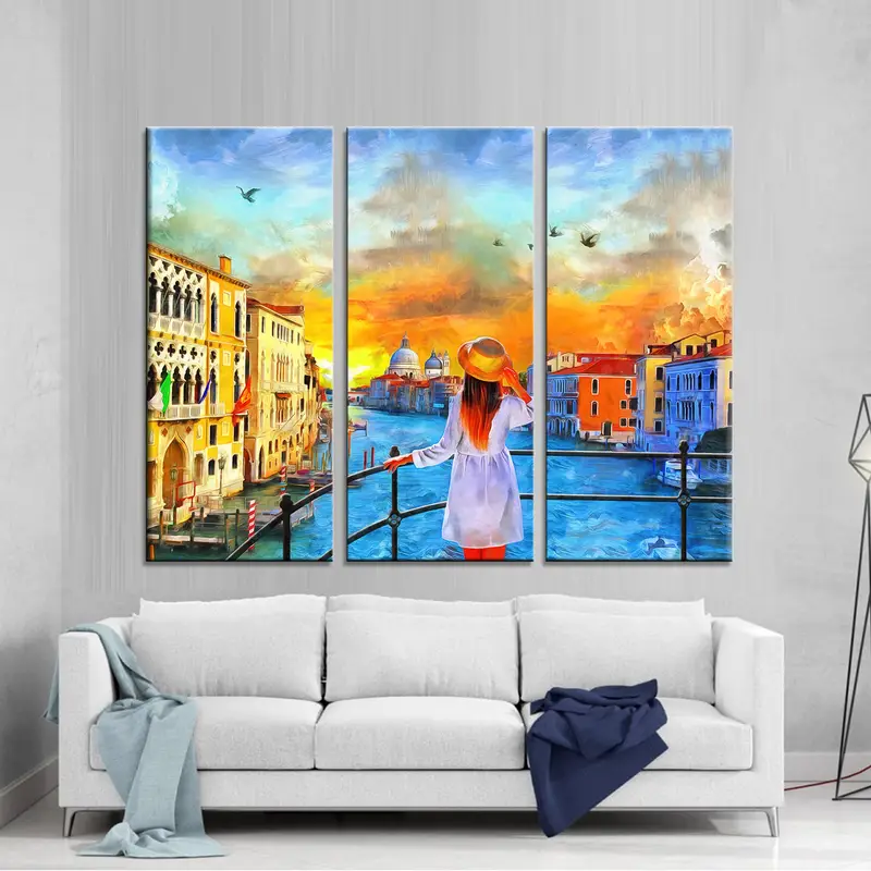 City Oil Painting Wall Art, Landscape Canvas Decor, Girl Watching the City , Sunrise Wall Art, Living Room Wall Art, Abstract Artwork Canvas - 1