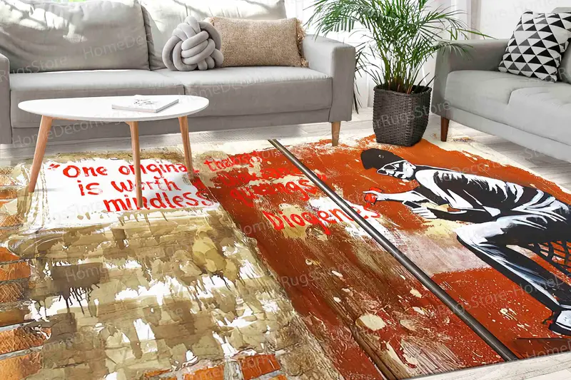 Banksy Boy Sanat Eseri Baskılı Halı: Kahverengi, Modern, Sanatsal Tasarım