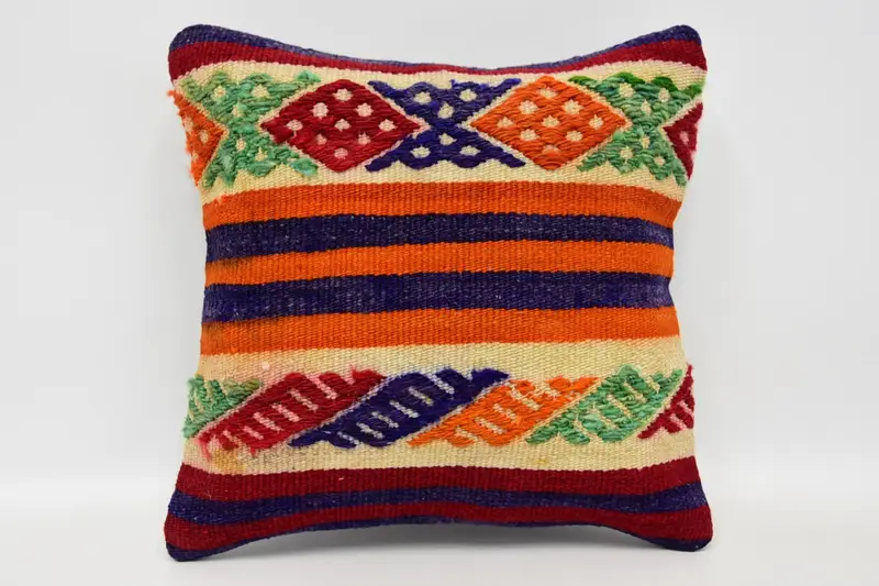 Cushion Cover, Vintage Kilim Throw Pillow, Aesthetic Cushion, Kilim Pillow, Vintage Pillow, Rustic Pillow Case, 12x12 Orange Cushion Cover - 1