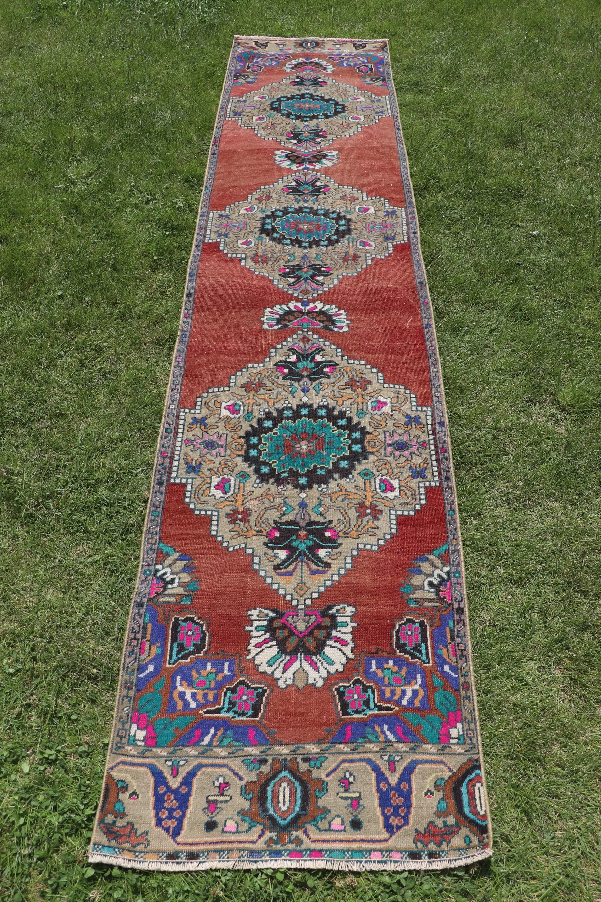 Turkish Vintage Rug, 2.2x10.7 ft Runner Rug, Red Blue Ombré Rug - 1