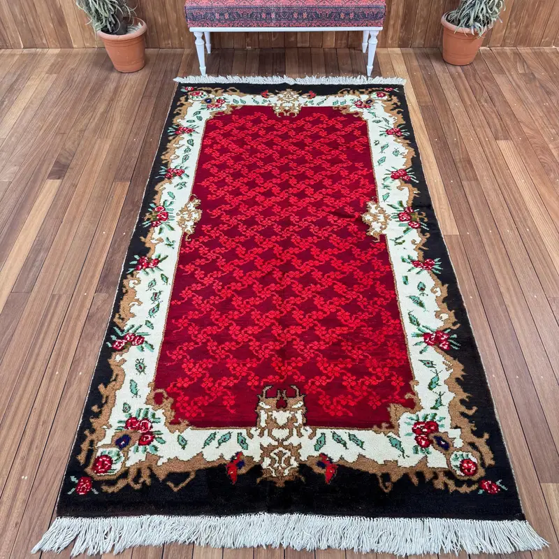 Turkish Vintage Large Rug 4.9x8.9 ft, Red Black Ikat Wool Rug - 1