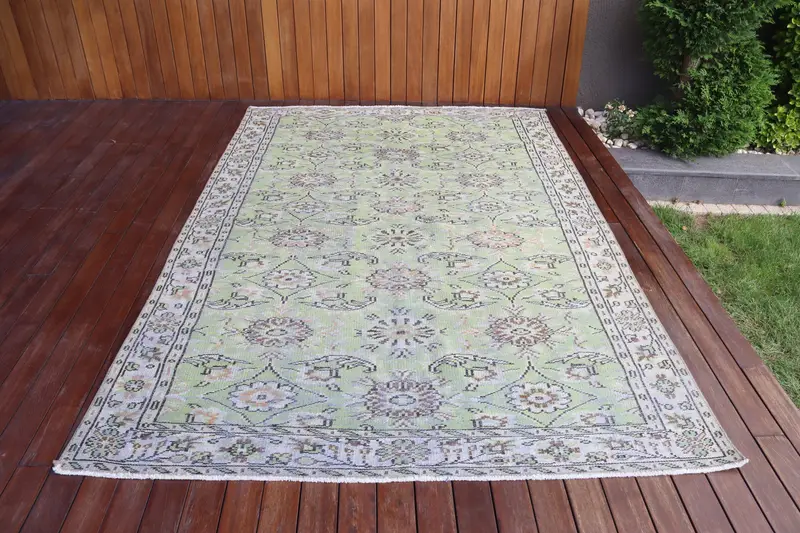 Vintage Turkish Oushak Rug 5.7x8.9 ft (174x270 cm), Green Ombré Wool Rug - 1