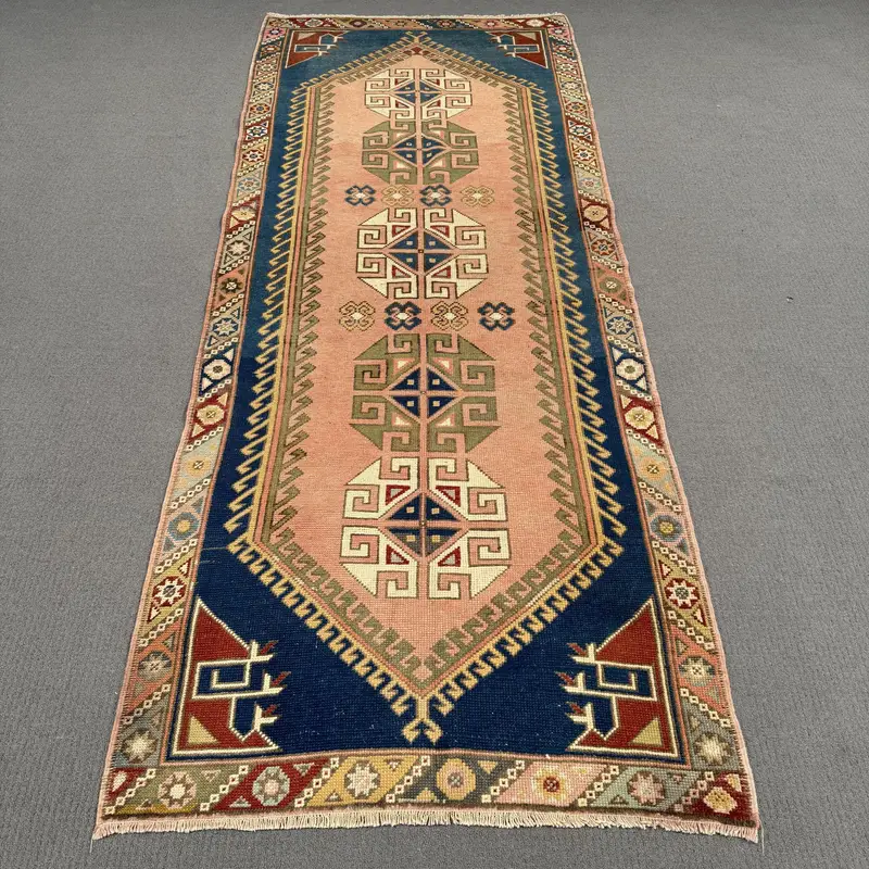 0.3x8.4フィートのラグ、鮮やかなオレンジとブルーのオリエンタルデザイン