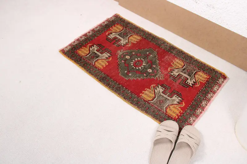 1.7x2.8 ft Oushak Halı, Türk Vintage Halı, Kırmızı Gri Kamuflaj Halı - 1