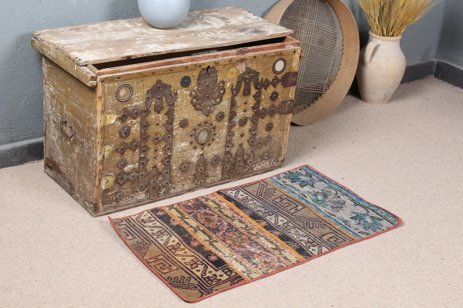 Turkish 1.6x2.9 ft Rug, Small Vintage Rug, Brown Ikat Wool Rug - 1