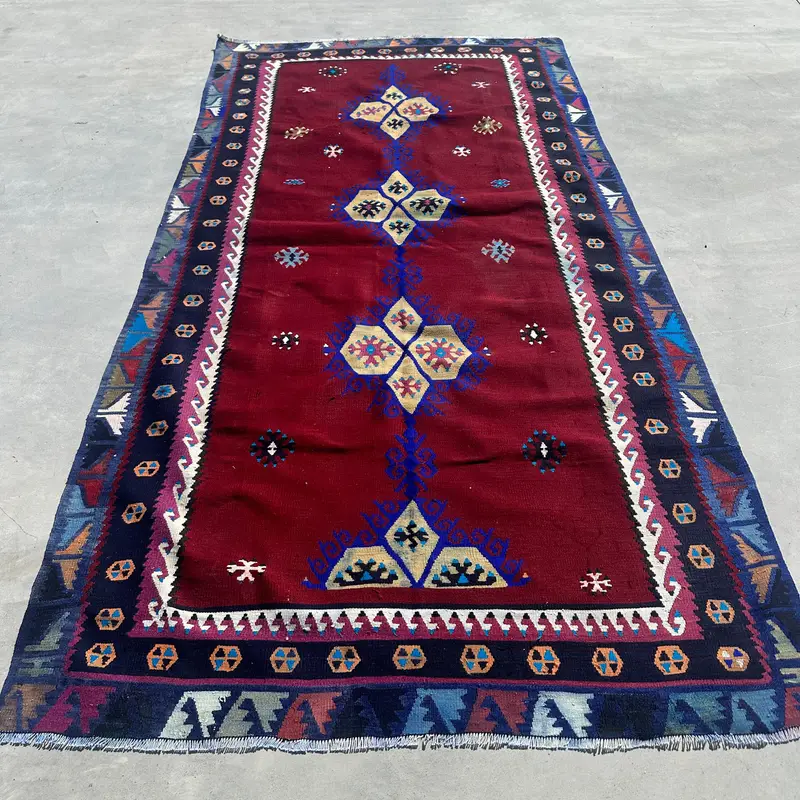 4.2x8.1 ft Turkish Kilim Rug, Red Polka dot Vintage Wool Rug - 1