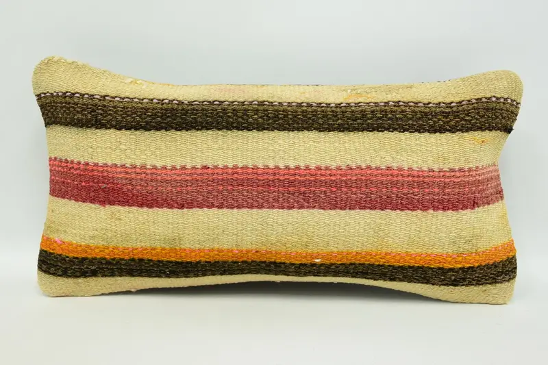 Striped Throw Beige Cushion Case, Wool Moroccan 8x16 inch Cushion - 1