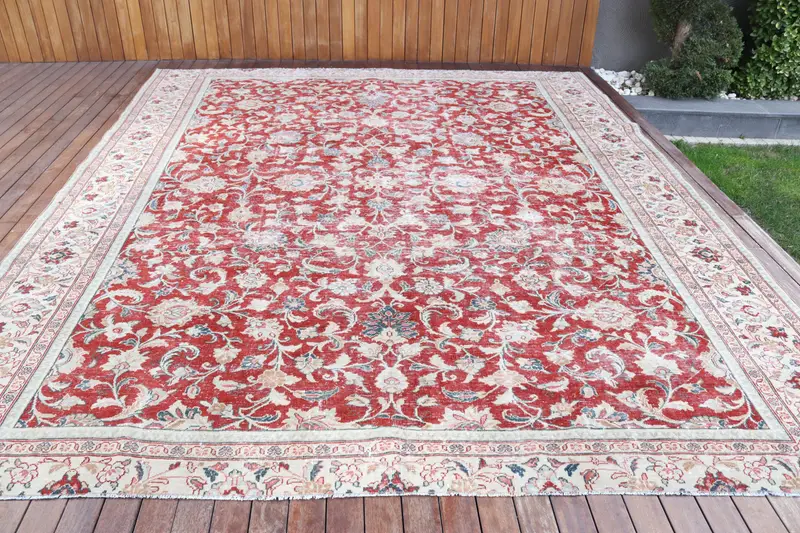 El Yapımı Kırmızı Halı, 9.8x12 ft Zarif Katı Desen