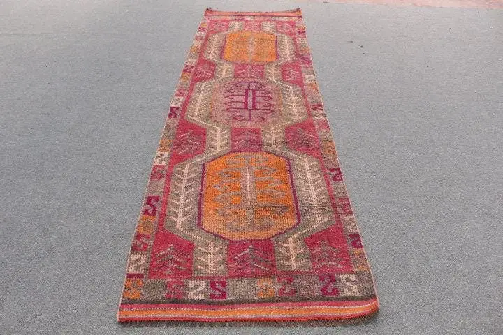3.1x10.6 ft Rug, Turkish Vintage Runner Rug, Red Herki Wool Rug - 1