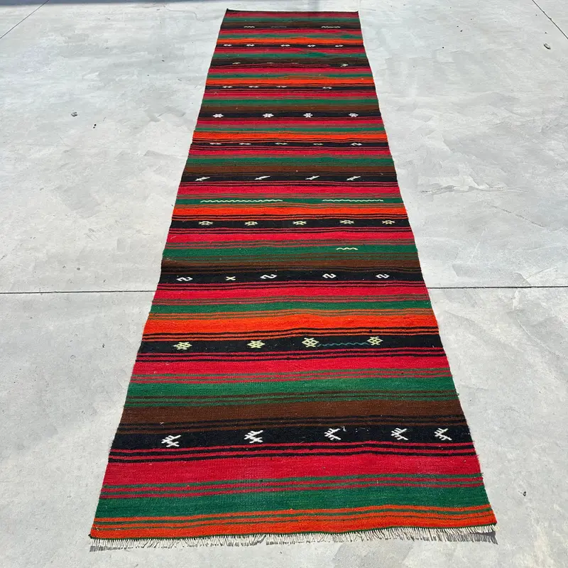 2.8x11.9 ft Vintage Kilim Rug, Turkish Rug, Black Camouflage Wool Rug - 1