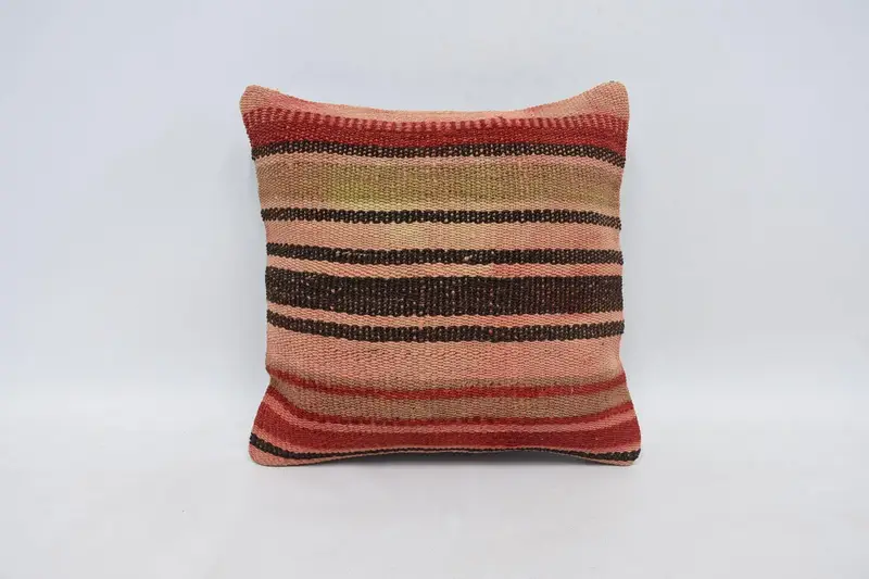 Turkish Small Square Cushion, 14x14 inch Striped DesignerBrown Gift Wool Cushion Case - 1