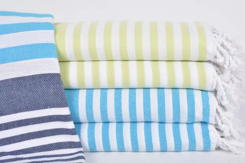 Organic Beach Blanket, 83x63 Green-Blue Striped Throw, Turkish