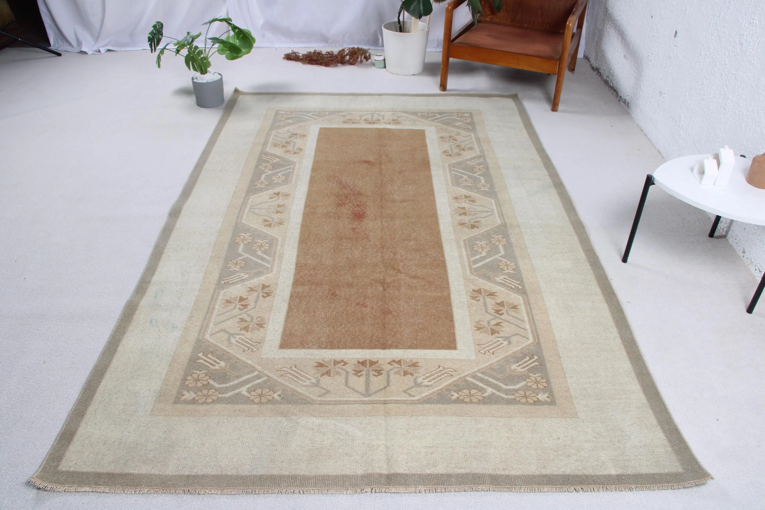 Türk Büyük Halı 5,3x8,1 ft (163x246 cm), Vintage Kahverengi Puantiyeli Halı - 1