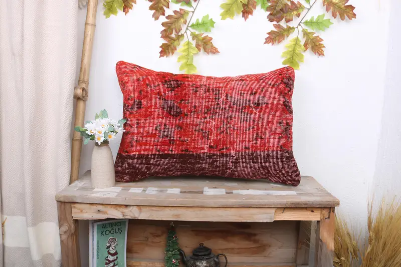 Rot & Lila besticktes Wurfkissen, 16x24 handgemachtes Leinenkissen