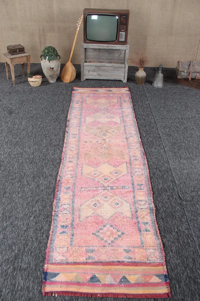 2.8x10.9 ft Vintage Rug, Turkish Runner Rug, Pink Wool Rug - 1
