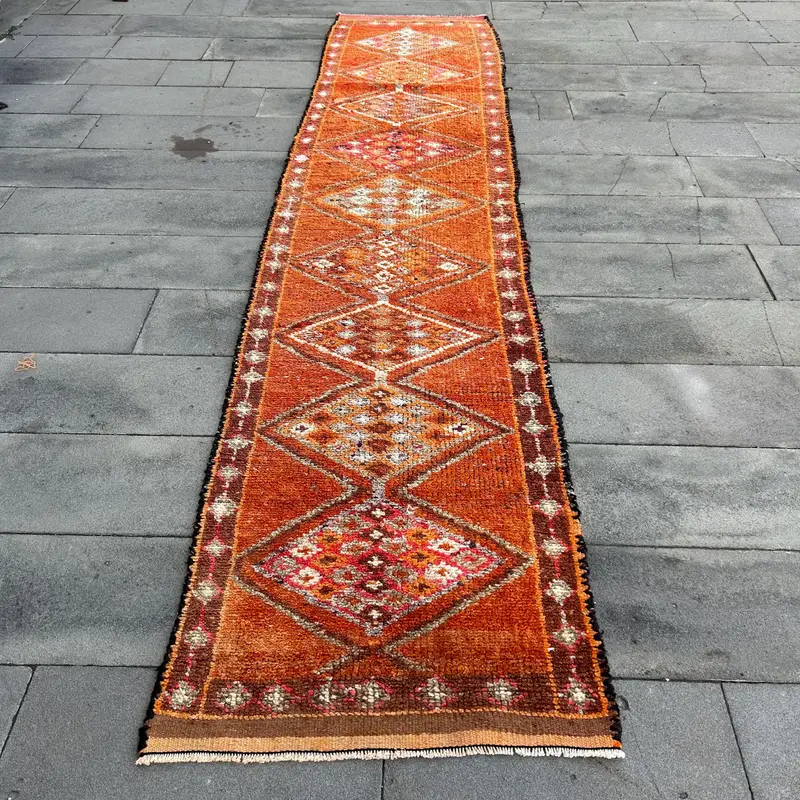 2.8x12.5 ft Rug, Turkish Vintage Rug, Orange Herki Wool Rug - 1
