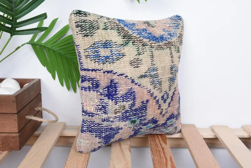 Throw Kilim Pillow, Kilim Pillow, Pillow Sham, Kilim Pillow Cover, Authentic Pillow, Garden Pillow Sham, 12x12 Blue Pillow Case - 4