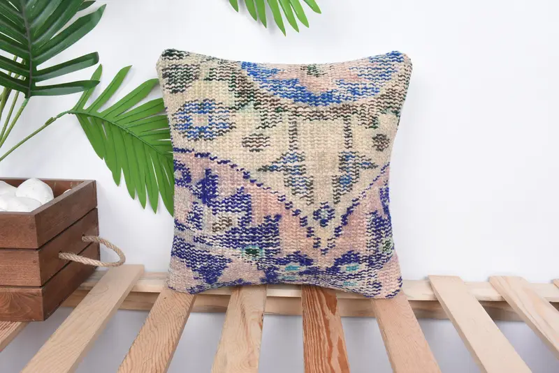 Throw Kilim Pillow, Kilim Pillow, Pillow Sham, Kilim Pillow Cover, Authentic Pillow, Garden Pillow Sham, 12x12 Blue Pillow Case - 1