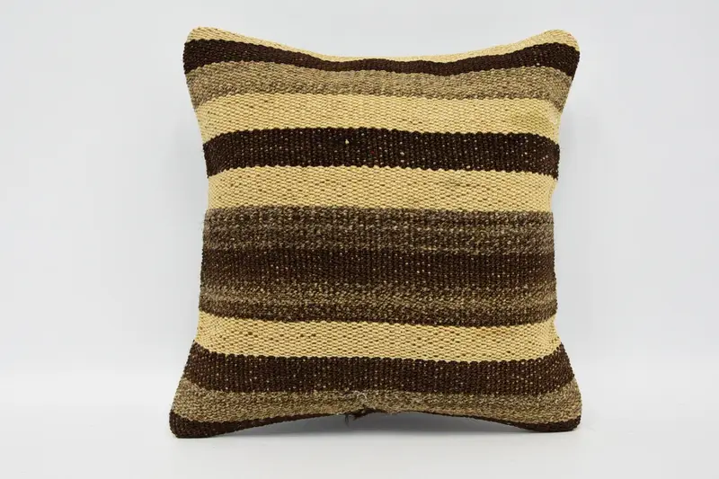 Throw Gift Handwoven Cushion Cover, TexturedBeige 30x30 cm Wool Striped Pillowcase - 1