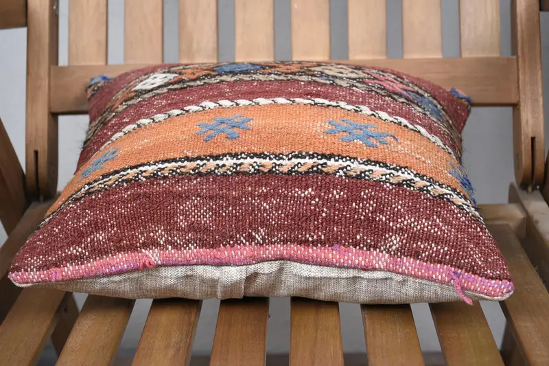 Cushion, Kilim Pillow Cover, Turkish Kilim Pillow, Muted Pillow Sham, Neutral Throw Cushion Cover, 14x14 Red Cushion Case, Turkish Pillow - 5