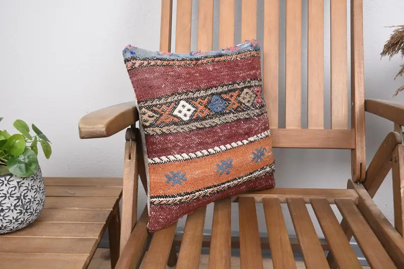 Cushion, Kilim Pillow Cover, Turkish Kilim Pillow, Muted Pillow Sham, Neutral Throw Cushion Cover, 14x14 Red Cushion Case, Turkish Pillow - 2