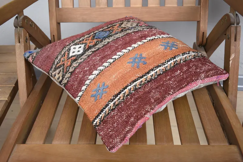 Cushion, Kilim Pillow Cover, Turkish Kilim Pillow, Muted Pillow Sham, Neutral Throw Cushion Cover, 14x14 Red Cushion Case, Turkish Pillow - 4