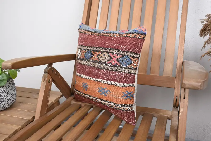 Cushion, Kilim Pillow Cover, Turkish Kilim Pillow, Muted Pillow Sham, Neutral Throw Cushion Cover, 14x14 Red Cushion Case, Turkish Pillow - 3
