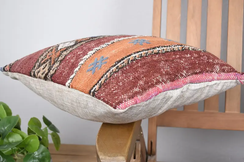 Cushion, Kilim Pillow Cover, Turkish Kilim Pillow, Muted Pillow Sham, Neutral Throw Cushion Cover, 14x14 Red Cushion Case, Turkish Pillow - 6