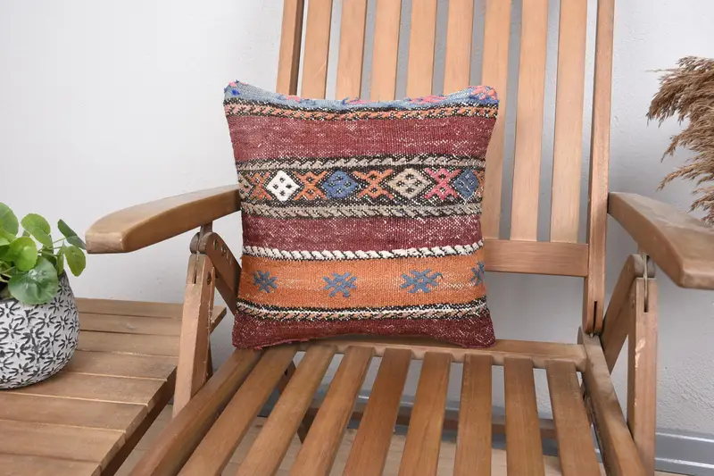 Cushion, Kilim Pillow Cover, Turkish Kilim Pillow, Muted Pillow Sham, Neutral Throw Cushion Cover, 14x14 Red Cushion Case, Turkish Pillow - 1