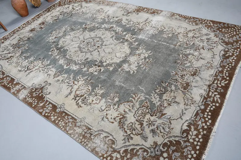 Vintage Halı, 6.5x9.7 ft Büyük Halı, Gri Kahverengi Oushak Yün Halı - 1