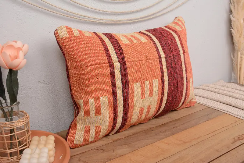 Handmade Rug Seat Pillow Cover, Armchair Cushion Case, Pillow for Sofa, Kilim Pillow, 16x24 Orange Pillow Cover, Antique Pillows, Cushion - 1