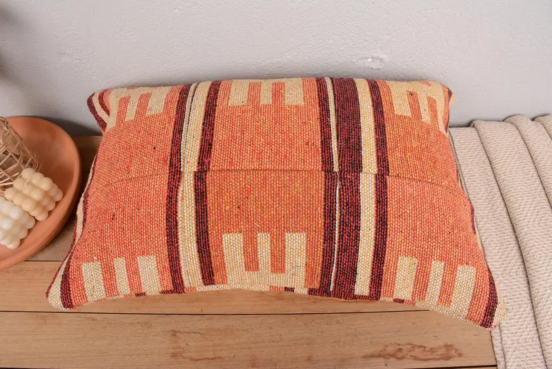 Handmade Rug Seat Pillow Cover, Armchair Cushion Case, Pillow for Sofa, Kilim Pillow, 16x24 Orange Pillow Cover, Antique Pillows, Cushion - 6