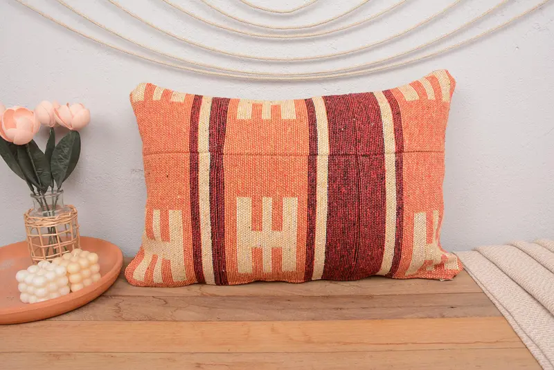 Handmade Rug Seat Pillow Cover, Armchair Cushion Case, Pillow for Sofa, Kilim Pillow, 16x24 Orange Pillow Cover, Antique Pillows, Cushion - 2