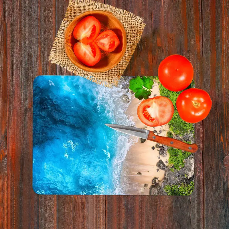 Seascape Glass Cutting Board, Tempered, Anti-Slip, Kitchen Essential