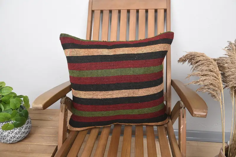 Striped Vintage Gift Pillow Sham, Red 20x20 inch Wool Pillowcase - 1