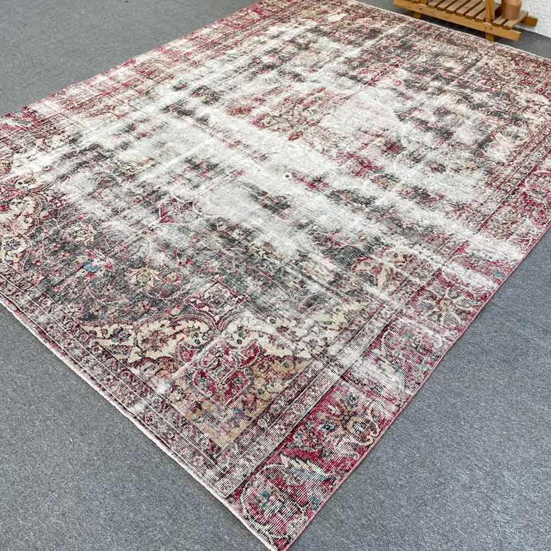 7x9 ft Oushak Turkish Rug, Red Ikat Vintage Rug Wool - 1