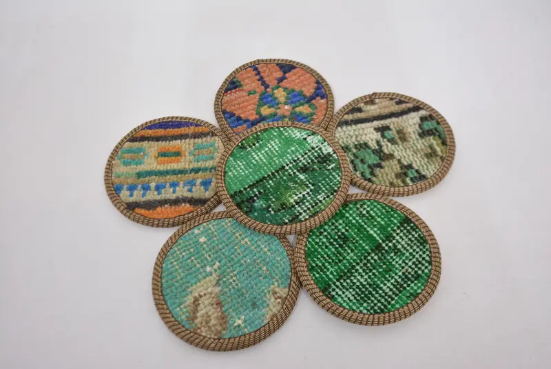 Green and Beige Kilim Coasters, Non-Slip Boho Coasters