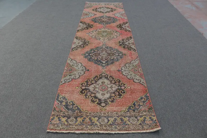 3.37x13.3 ft Vintage Rug, Turkish Runner Rug, Red Blue Bordered Rug - 1