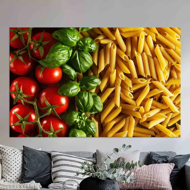 Elegant Tomato & Basil Pasta Canvas - Vibrant Kitchen Art