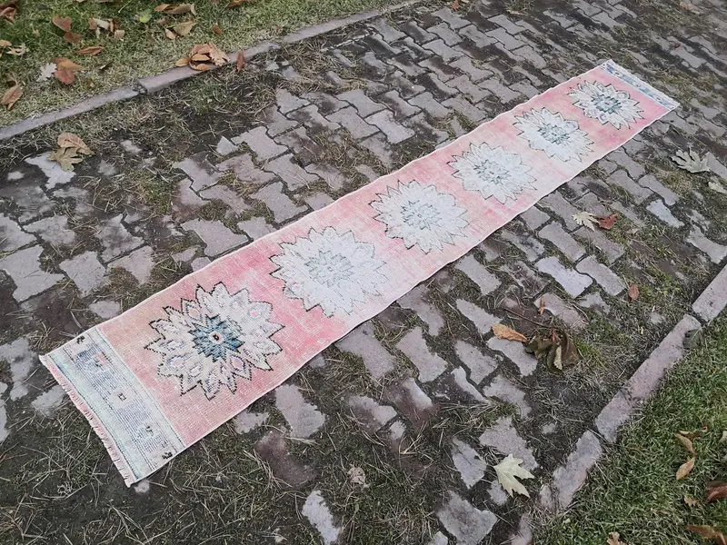Turkish Vintage Rug 1.5x10.6 ft (47x322 cm), Oushak Pink Camouflage Rug - 1