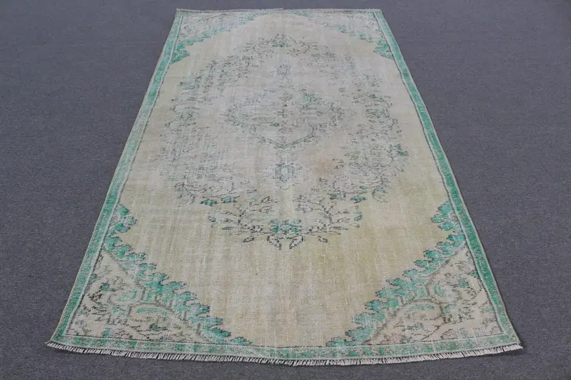 4.7x8.4 ft Turkish Area Rug, Vintage Green Ikat Rug - 1