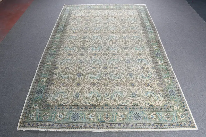 Turkish Oushak Large Rug 6.4x10.1 ft (196x308 cm), Vintage Blue Bordered Wool Rug - 1