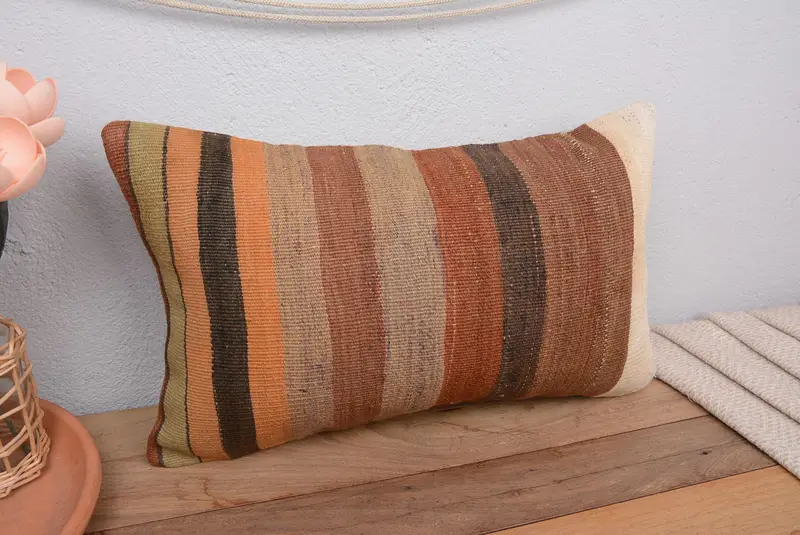 Besticktes Leinen-Wurfkissen, Vintage-Streifenkissen mit Reißverschluss