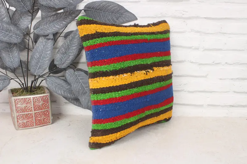 Kilim Cushion Sham, Turkish Kilim Pillow, Farmhouse Cushion, 14x14 Blue Cushion Cover, Handmade Kilim Cushion, Cushion Cover - 3